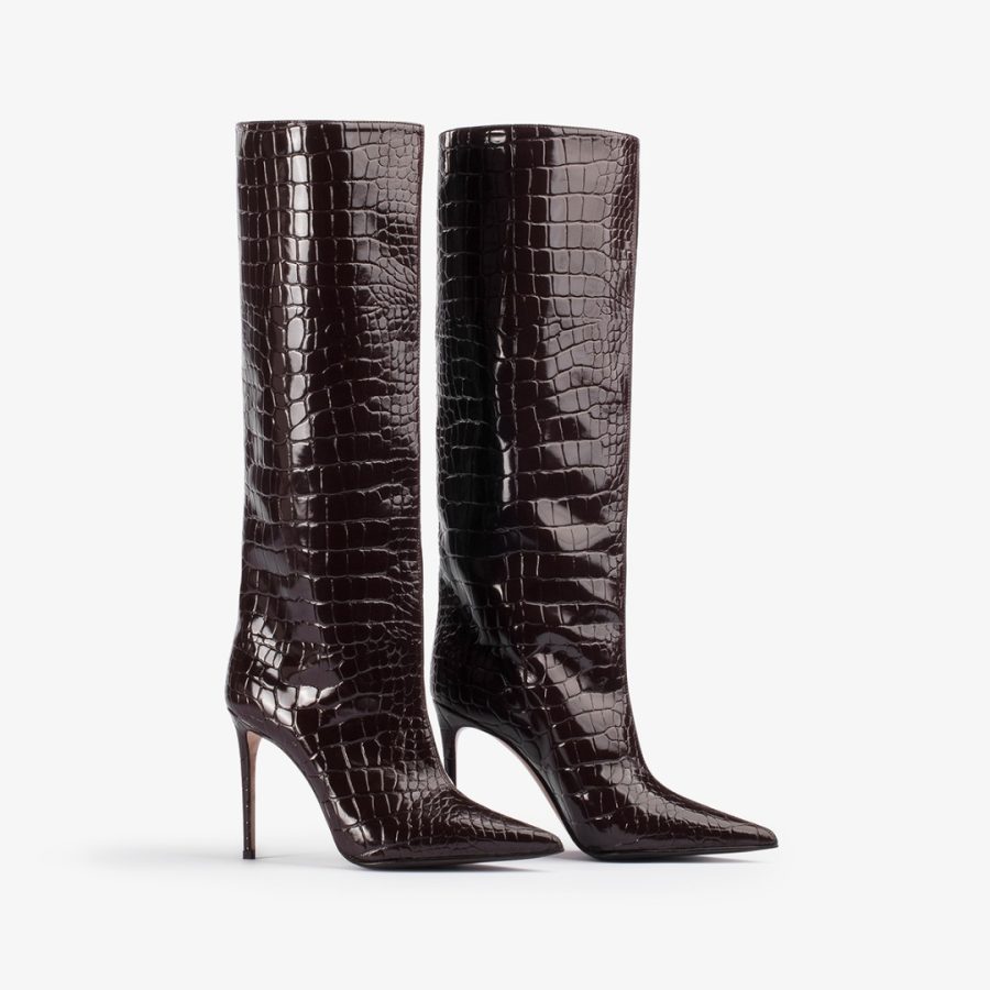 EVA BOOT 100 mm-Dark chocolate crocodile print knee boot - Image 2