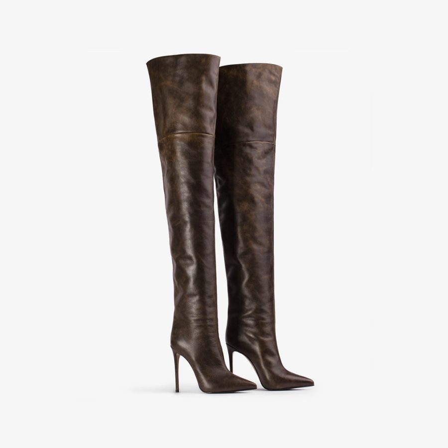 EVA THIGH-HIGH BOOT 120 mm-Brown vintage effect leather oversized over-the-knee boot - Image 2