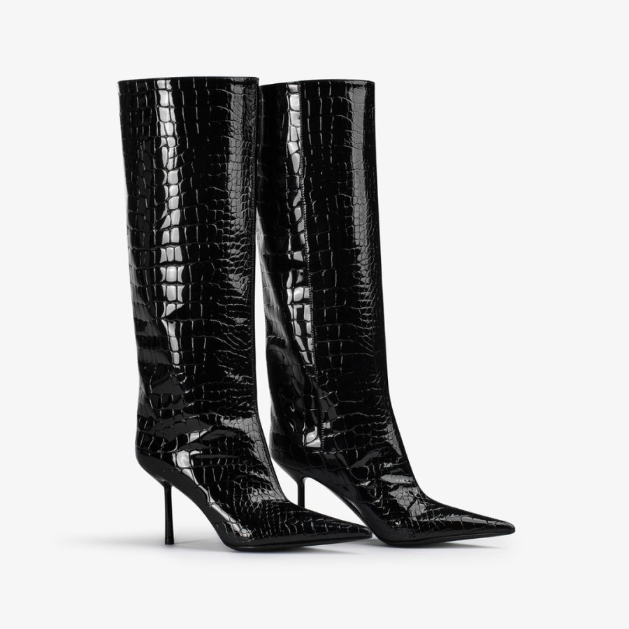 BELLA BOOT 80 mm-Black crocodile print knee boot - Image 2