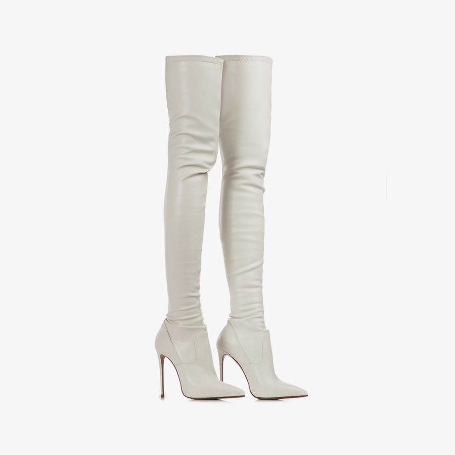 EVA THIGH-HIGH BOOT 120 mm-Milk white stretch vegan leather over-the-knee boot - Image 2