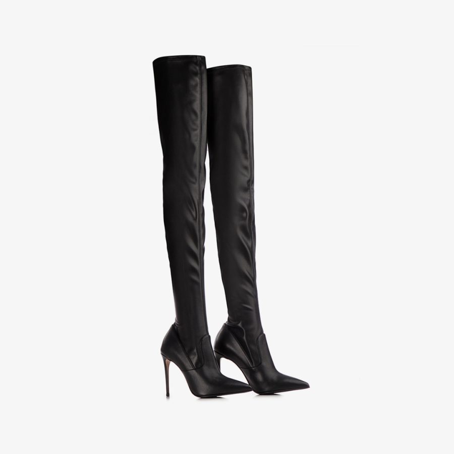 EVA THIGH-HIGH BOOT 100 mm-Black stretch vegan leather over-the-knee boot - Image 2