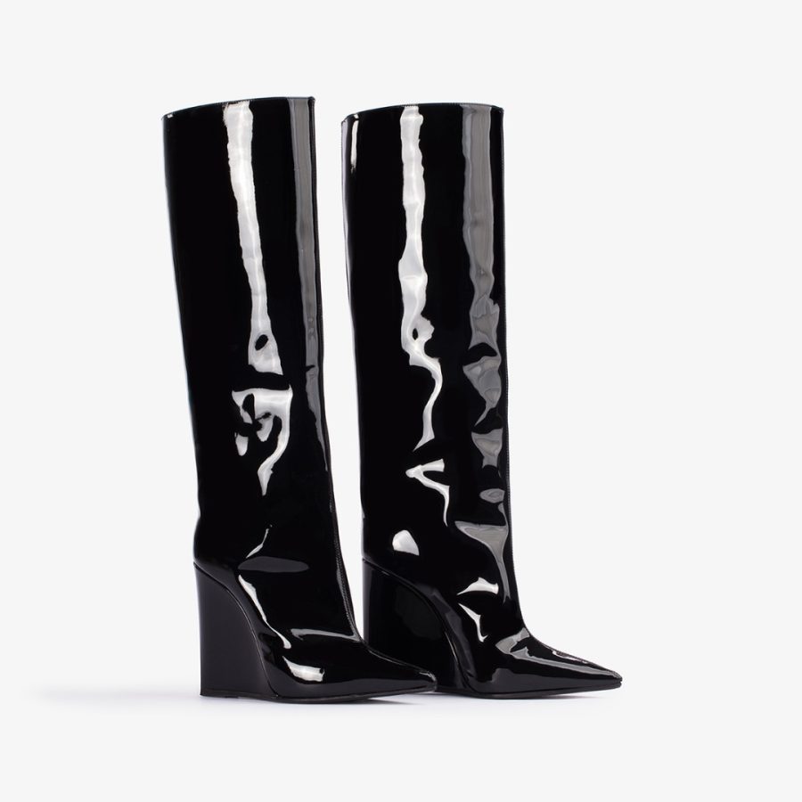 KIRA BOOT 120 mm-Black patent leather knee boot with wedge heel - Image 2