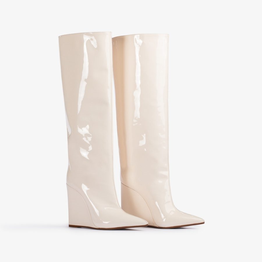 KIRA BOOT 120 mm-Milk white patent leather knee boot with wedge heel - Image 2