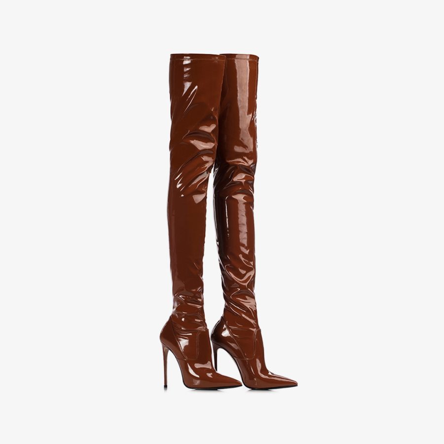 EVA THIGH-HIGH BOOT 120 mm-Brick brown stretch vinyl over-the-knee boot - Image 2