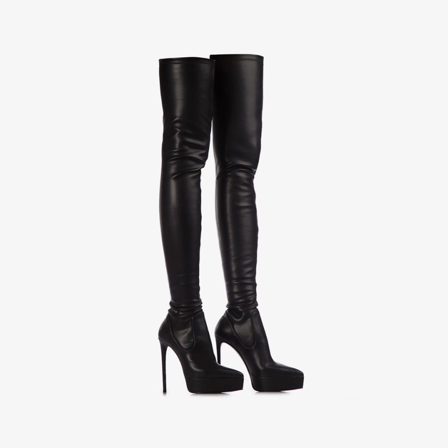 UMA THIGH-HIGH BOOT 140 mm-Black stretch vegan leather platform over-the-knee boot - Image 2