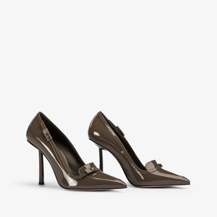 MORGANA PUMP 100 mm-Khaki green patent leather loafer pump - Image 2