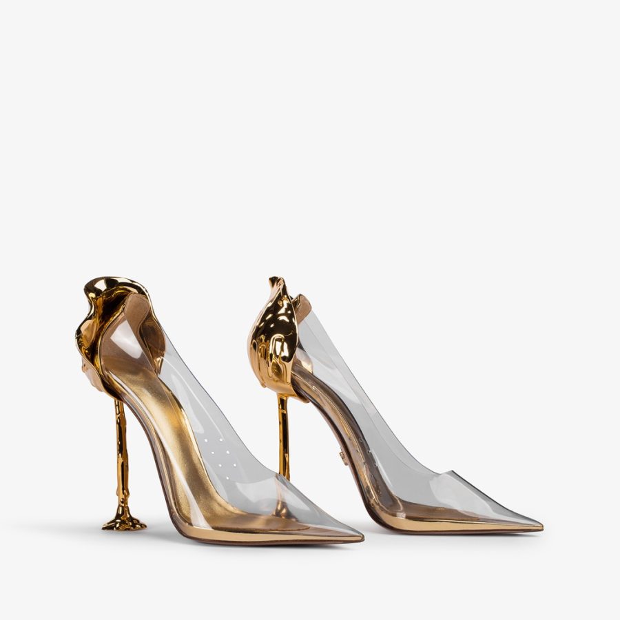 ANTHEA PUMP 120 mm-Transparent plexy Petalo pump with gold heel - Image 2