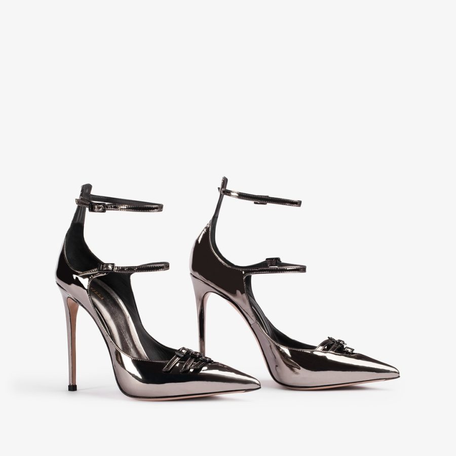 MORGANA PUMP 120 mm-Pewter metallic pump with straps - Image 2