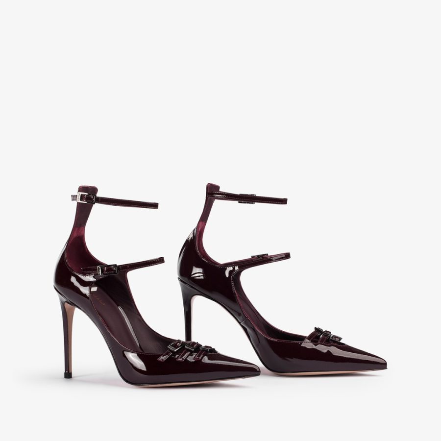 MORGANA PUMP 100 mm-Cherry red patent leather pump with straps - Image 2