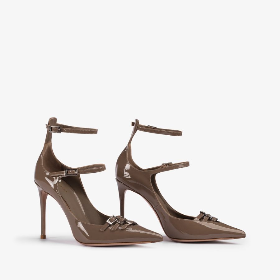 MORGANA PUMP 100 mm-Sesame grey patent leather pump with straps - Image 2