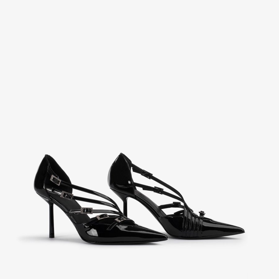 SCARLET PUMP 80 mm-Black patent leather pump with straps - Image 2