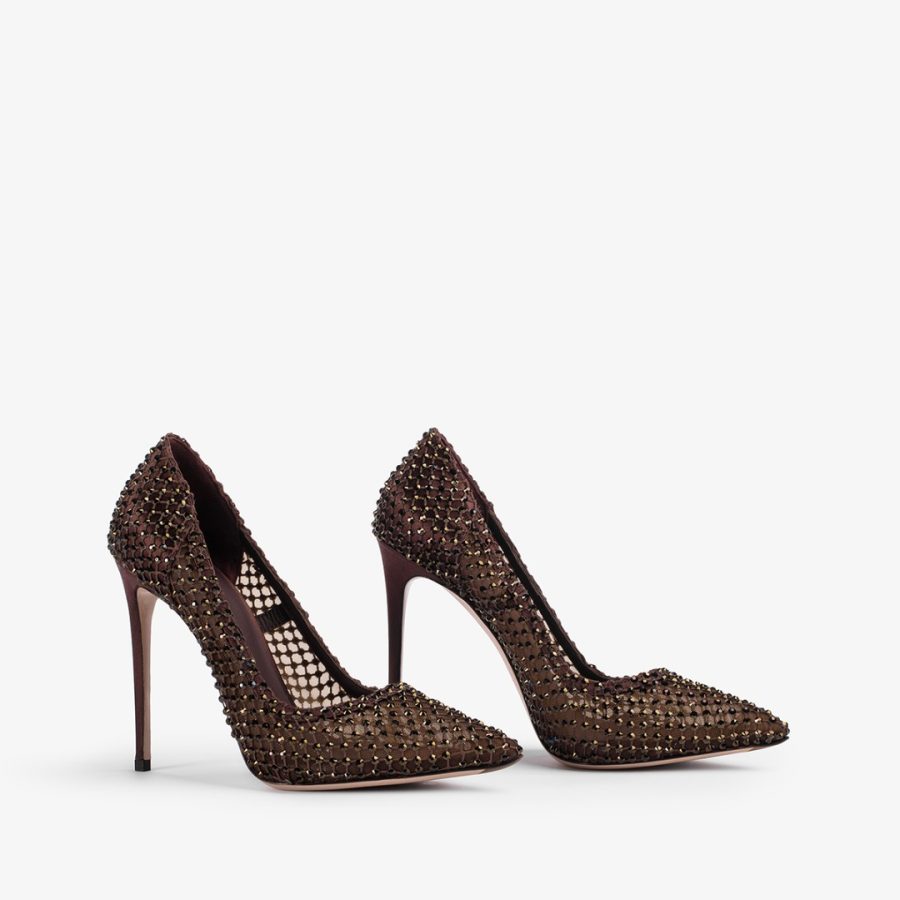 GILDA PUMP 120 mm-Dark chocolate brown fishnet pump with Crystals - Image 2