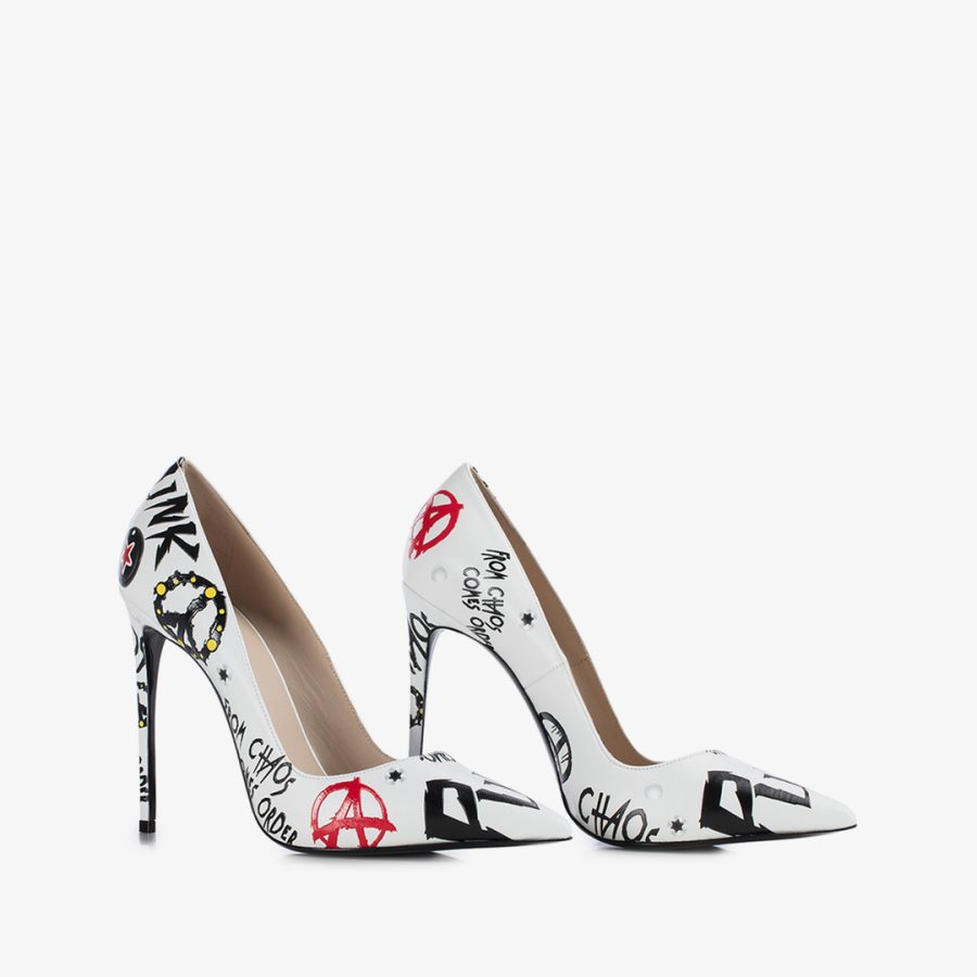 PUNK PUMP 120 mm-White leather pump with black prints - Image 2