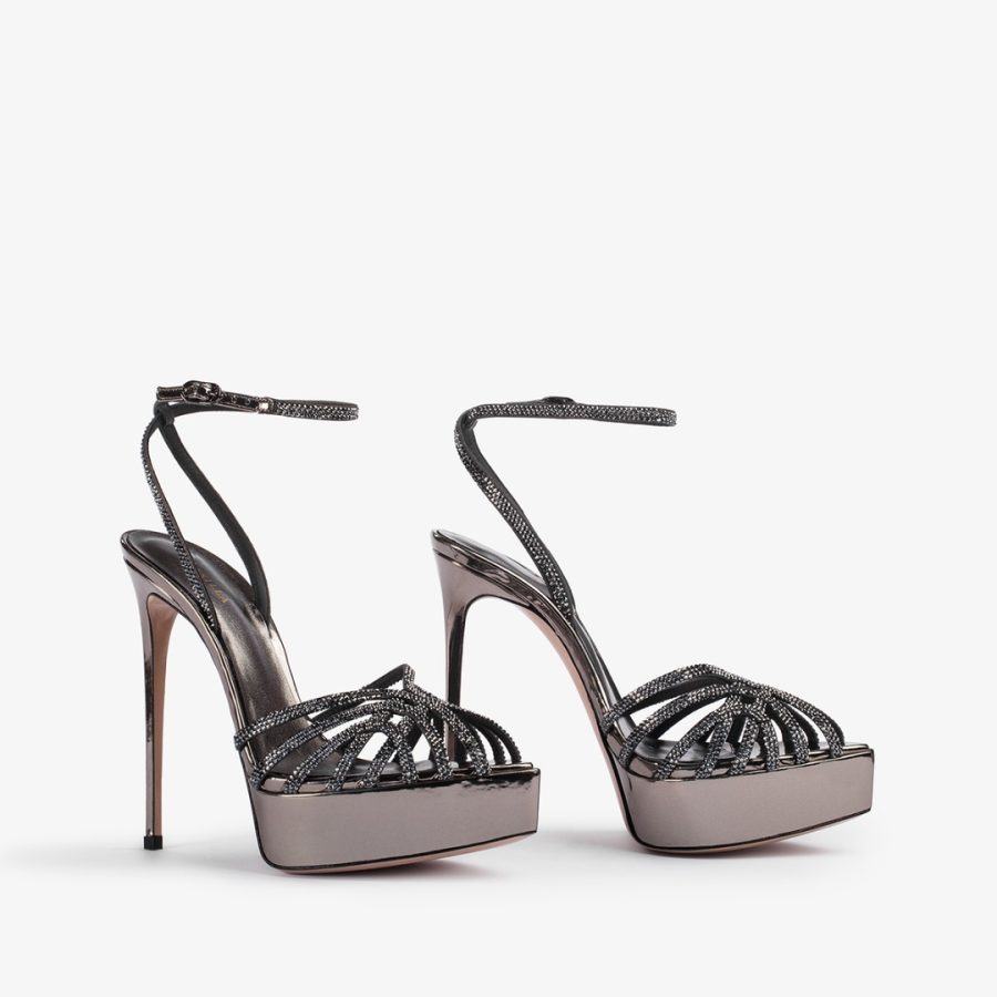 EMBRACE SANDAL 140 mm-Pewter metallic platform sandal with Crystals - Image 2