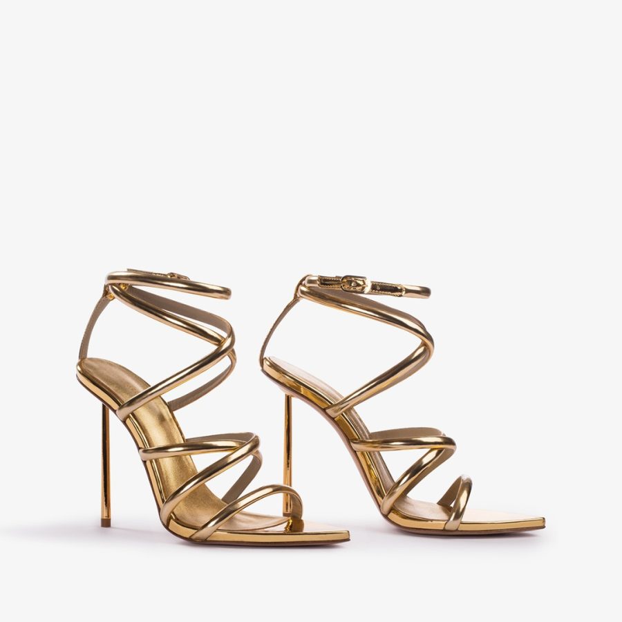 BELLA SANDAL 120 mm-Nugget gold metallic sandal with crossed straps - Image 2