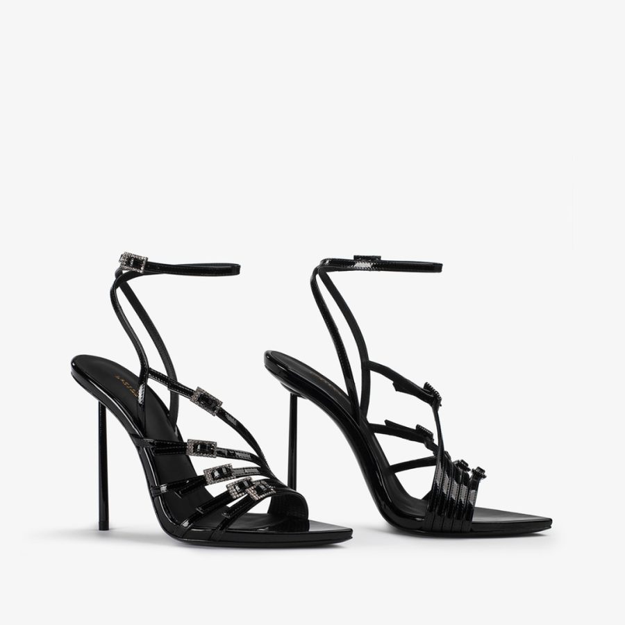 SCARLET SANDAL 120 mm-Black patent leather sandal with Crystals - Image 2