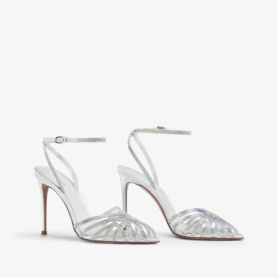 EMBRACE SANDAL 110 mm-Paper white satin sandal with Crystals - Image 2