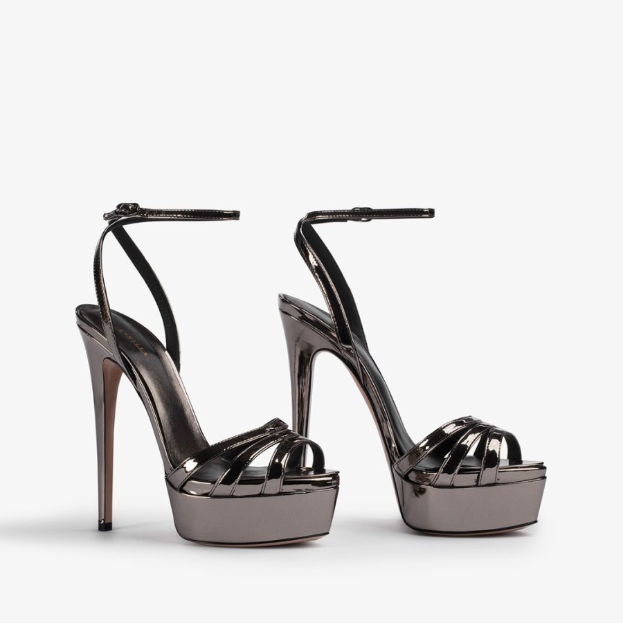 LOLA SANDAL 140 mm-Pewter metallic platform sandal - Image 2