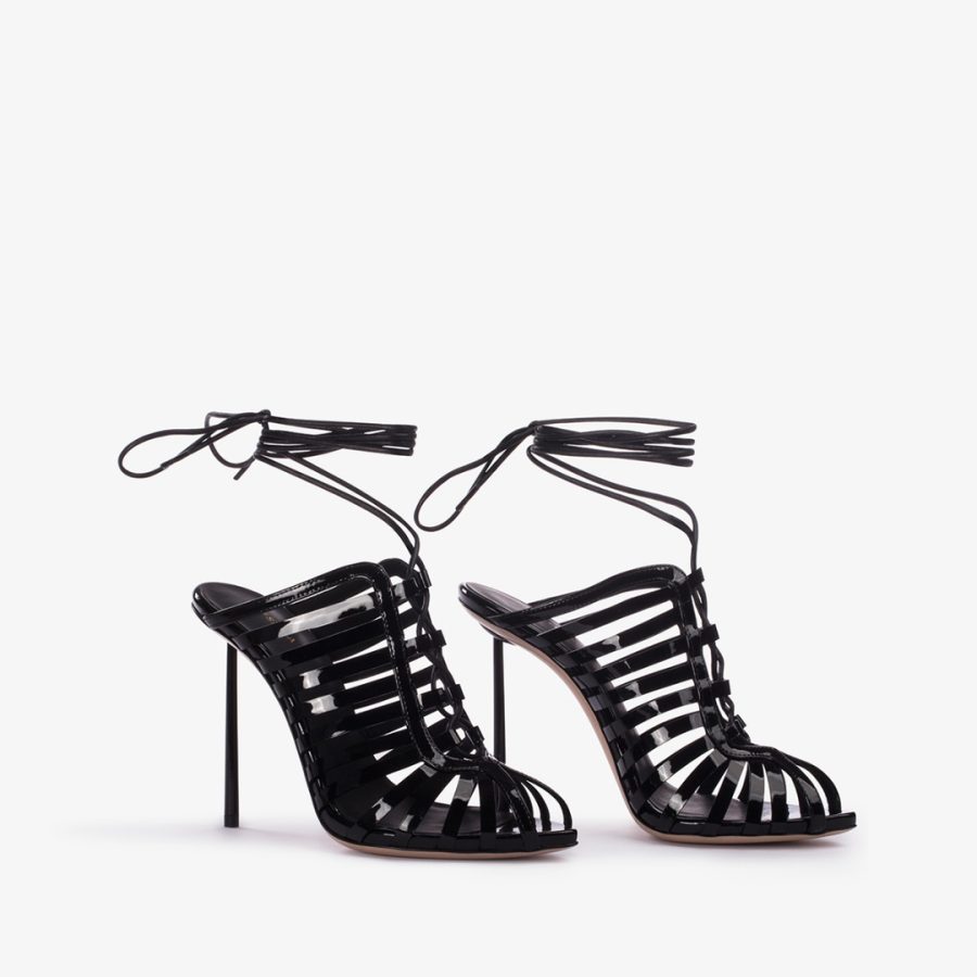 CAGE SANDAL 120 mm-Black patent leather gladiator sandal with straps - Image 2