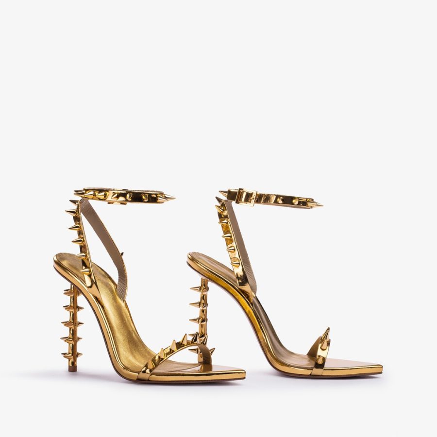 JAGGER SANDAL 120 mm-Nugget gold metallic studded sandal - Image 2