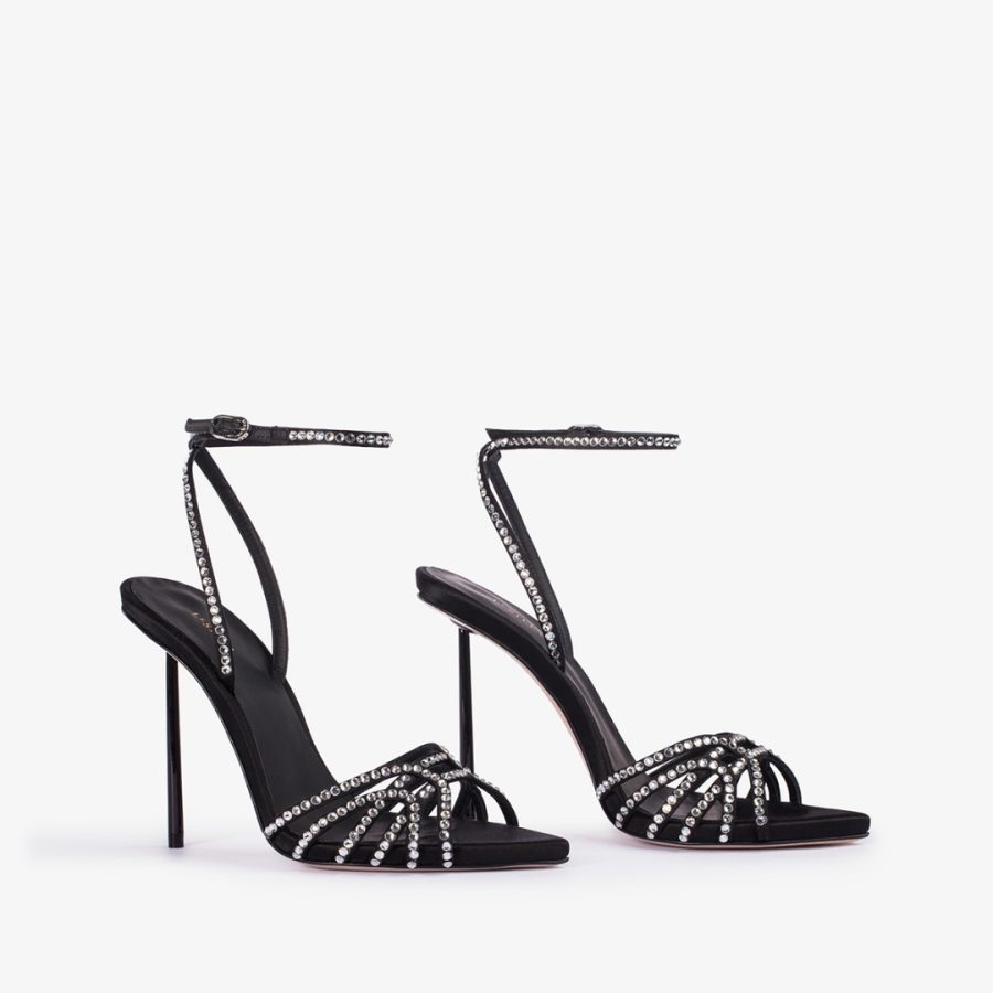 BELLA SANDAL 120 mm-Black satin and silver Crystals sandal - Image 2