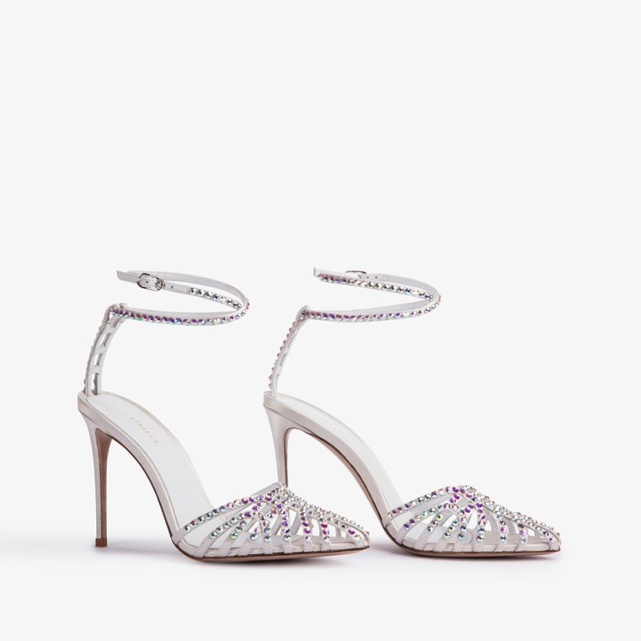 AFRODITE SANDAL 105 mm-White satin and Crystals sandal - Image 2