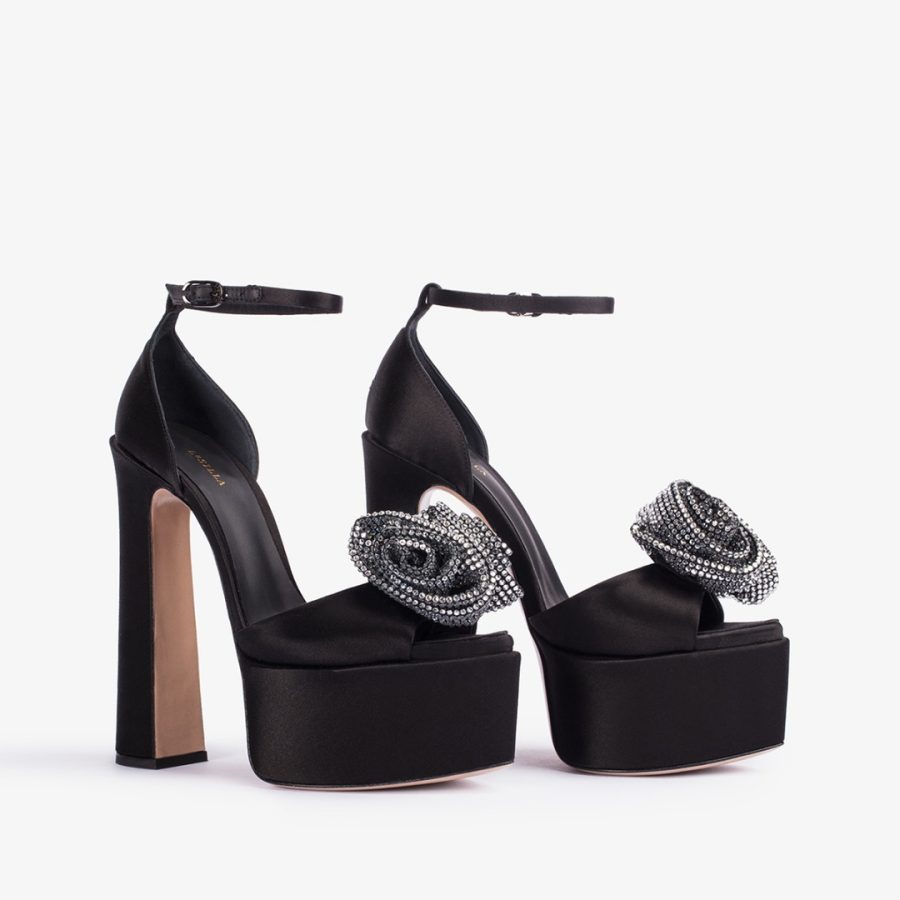 NINA SANDAL 170 mm-Black satin and silver Crystals platform sandal - Image 2