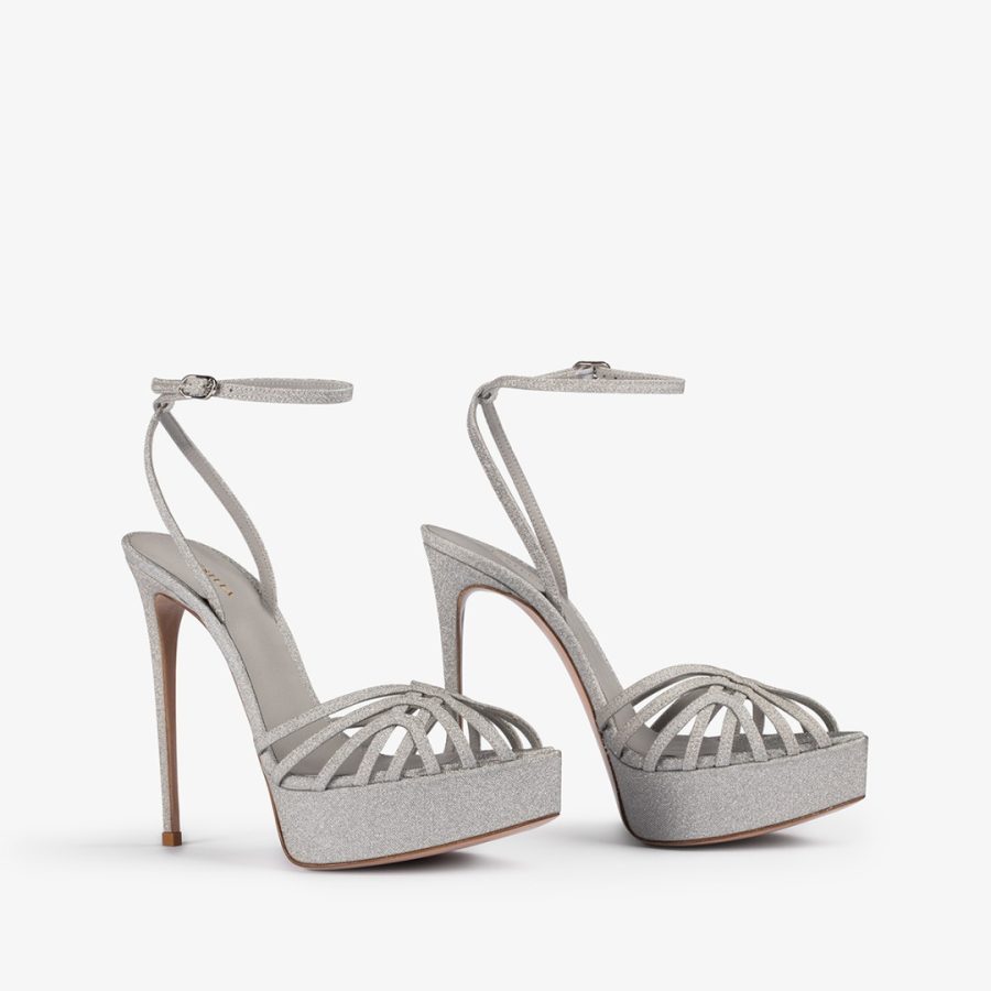 EMBRACE SANDAL 140 mm-Silver glitter platform sandal - Image 2