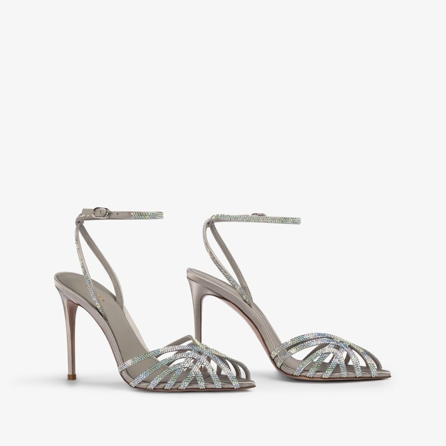 EMBRACE SANDAL 110 mm-Silver satin sandal with Crystals - Image 2