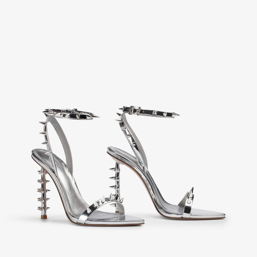 JAGGER SANDAL 120 mm-Silver metallic studded mule sandal - Image 2