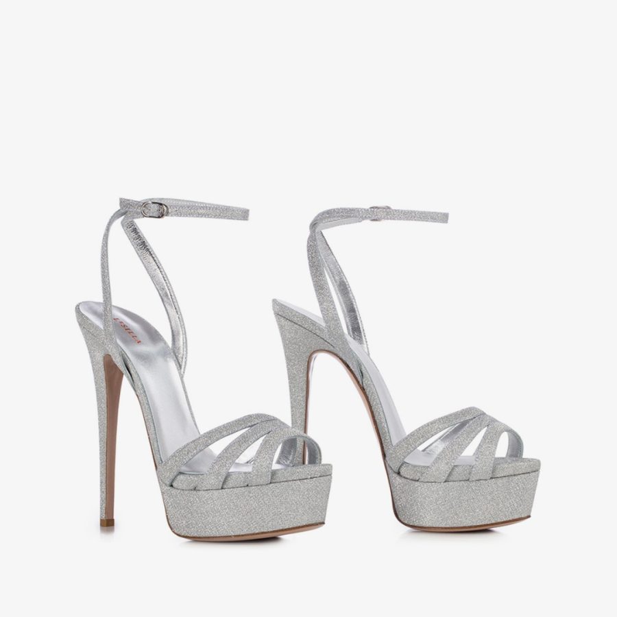 LOLA SANDAL 140 mm-Silver glittered fabric platform sandal - Image 2