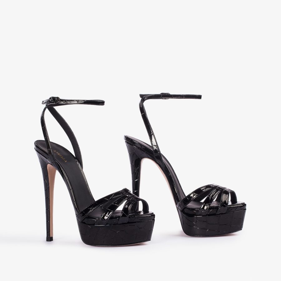 LOLA SANDAL 140 mm-Black crocodile print platform sandal - Image 2