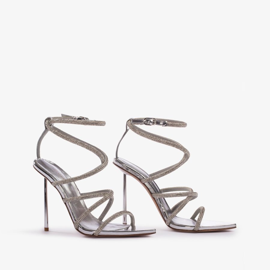 BELLA SANDAL 120 mm-Silver Crystal pavé effect sandal with crossed straps - Image 2