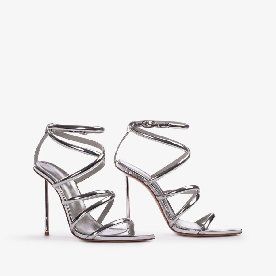 BELLA SANDAL 120 mm-Silver metallic sandal with crossed straps - Image 2