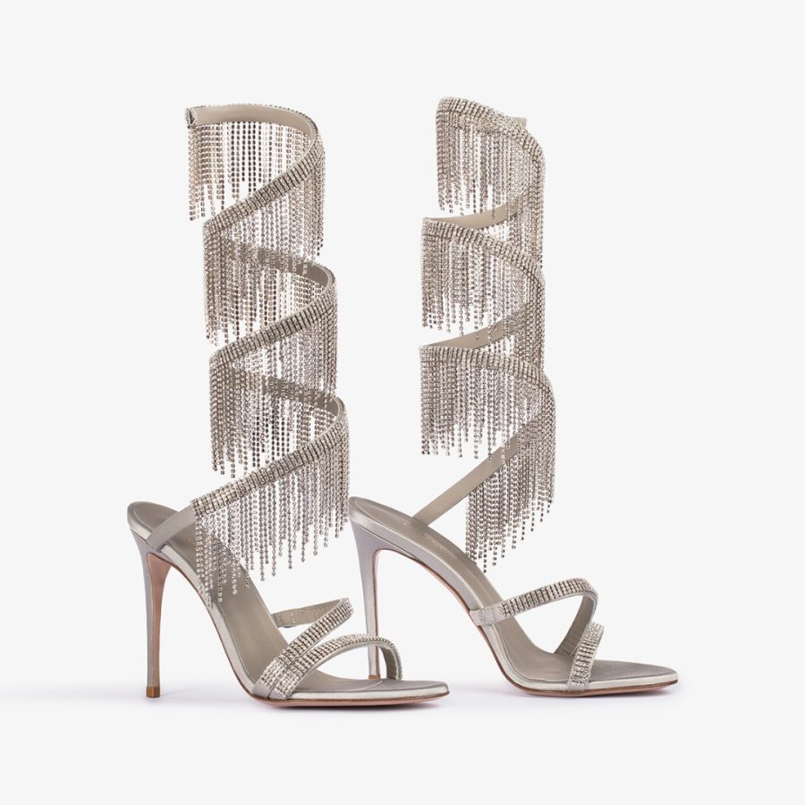 JEWELS SANDAL 110 mm-Silver satin sandal with silver fringes - Image 2