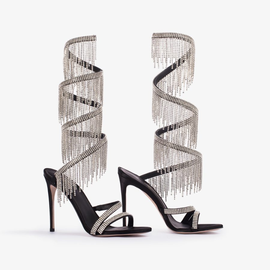 JEWELS SANDAL 110 mm-Black satin sandal with silver fringes - Image 2