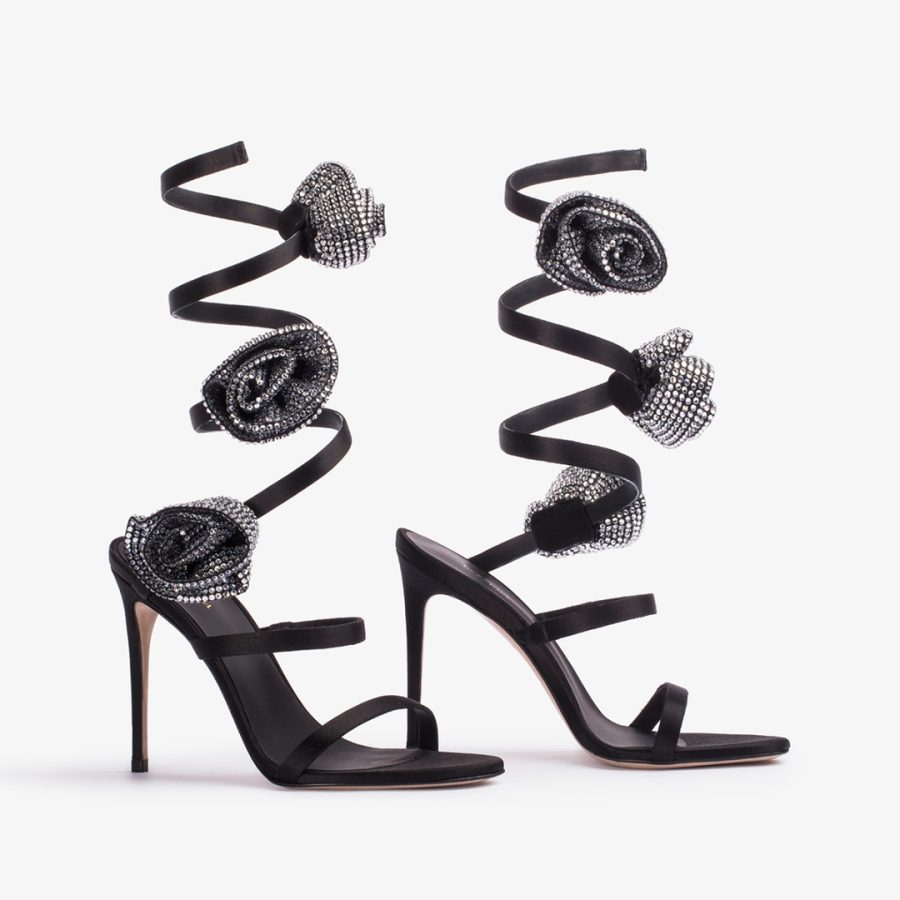 ROSE SANDAL 110 mm-Black satin sandal with silver Crystal-embellished roses - Image 2