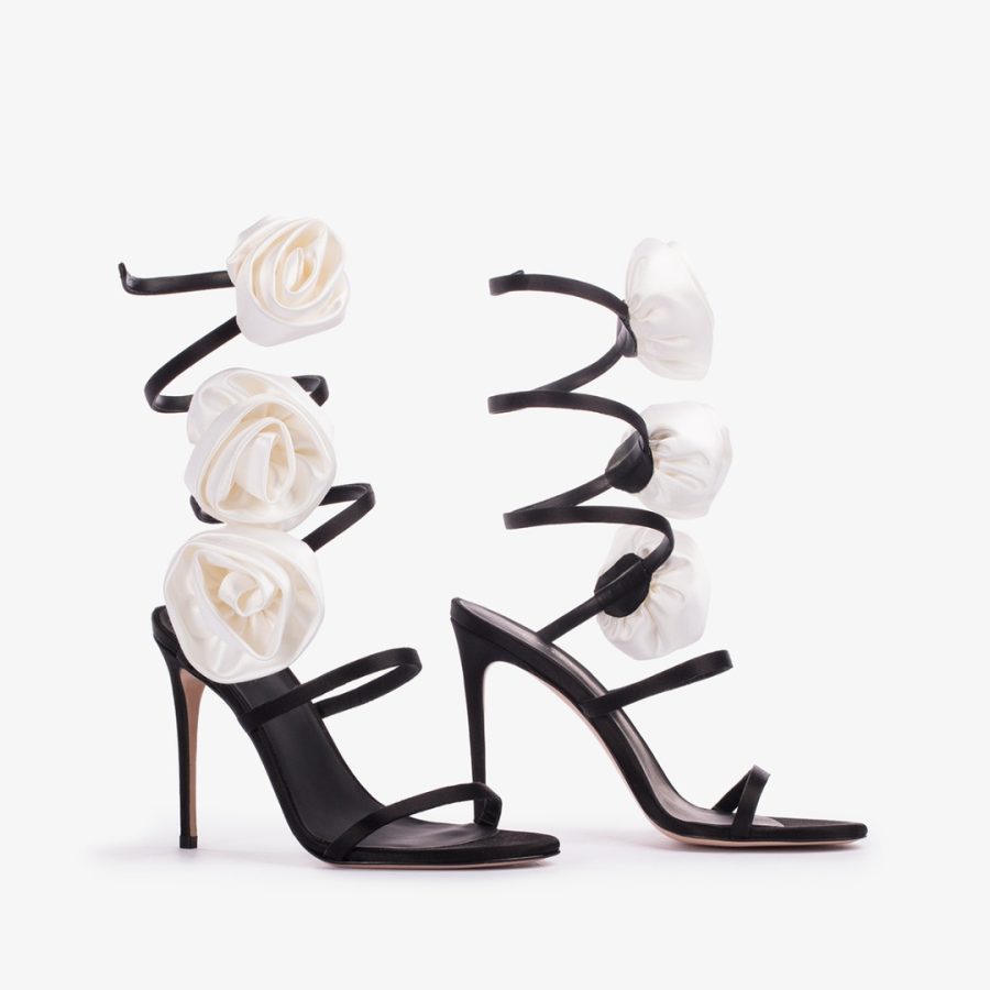 ROSE SANDAL 110 mm-Black satin sandal with white roses - Image 2