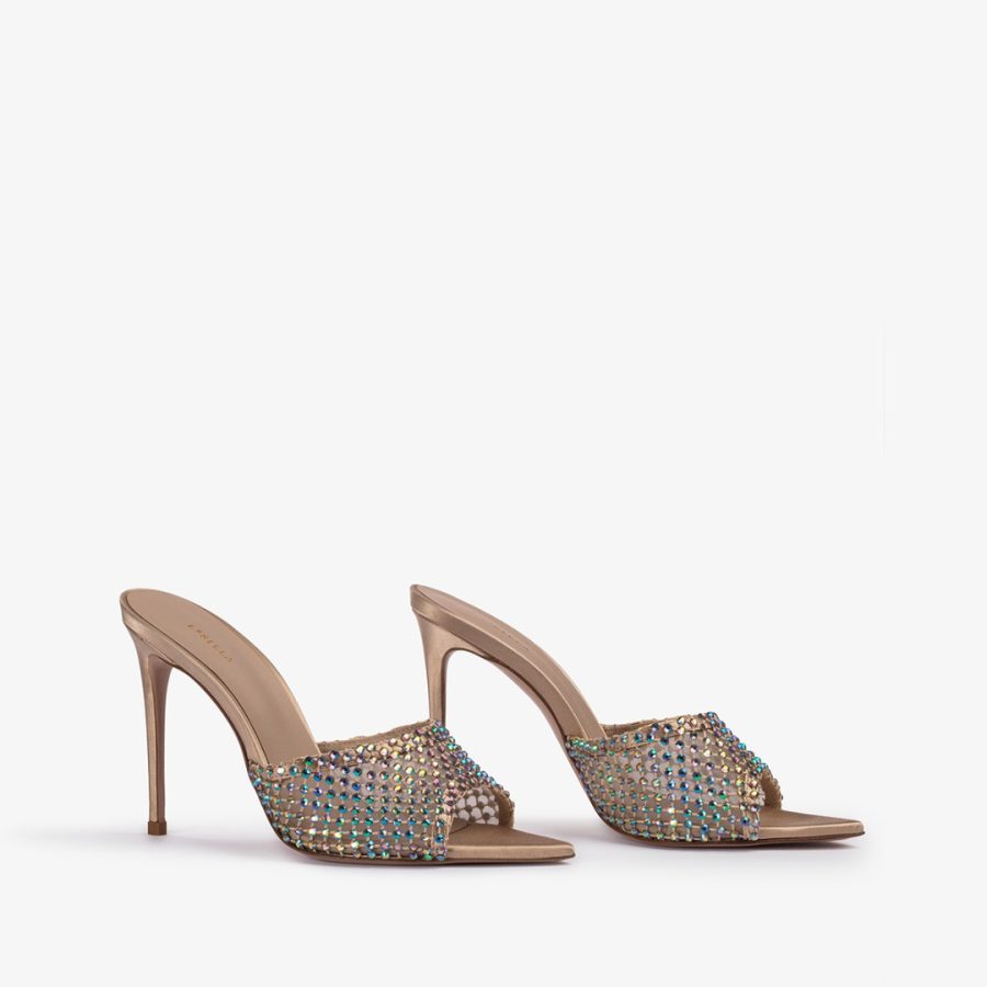 GILDA SANDAL 110 mm-Gold fishnet mule sandal with iridescent Crystals - Image 2