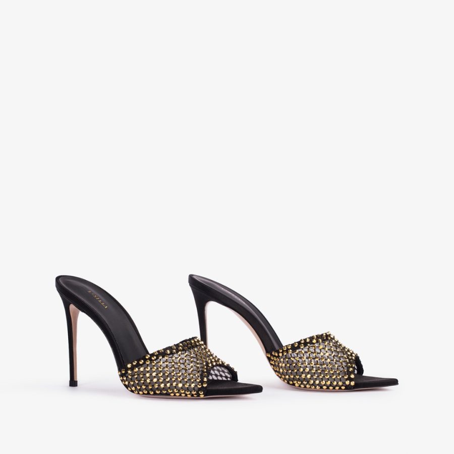 GILDA SANDAL 110 mm-Black fishnet sandal with gold Crystals - Image 2