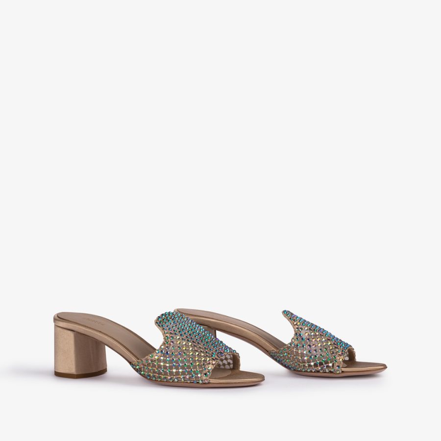 GILDA SANDAL 60 mm-Gold fishnet mule sandal with iridescent Crystals - Image 2