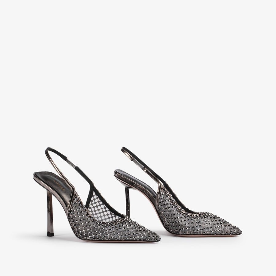 GILDA SLINGBACK 100 mm-Pewter fishnet slingback with Crystals - Image 2