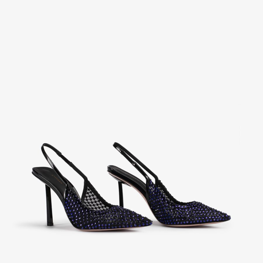 GILDA SLINGBACK 100 mm-Midnight blue fishnet slingback with Crystals - Image 2