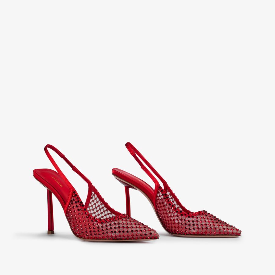 GILDA SLINGBACK 100 mm-Red fishnet slingback with Crystals - Image 2