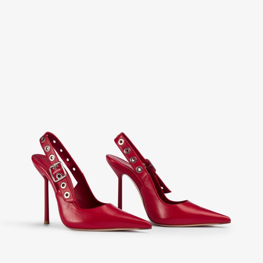 COURTNEY SLINGBACK 120 mm-Red leather slingback with silver eyelets - Image 2