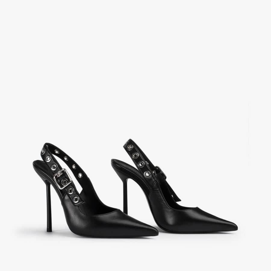 COURTNEY SLINGBACK 120 mm-Black leather slingback with silver eyelets - Image 2