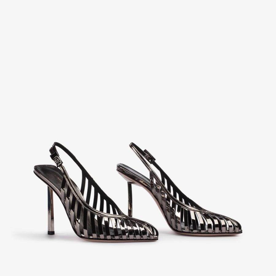 CAGE SLINGBACK 100 mm-Pewter metallic slingback with straps - Image 2