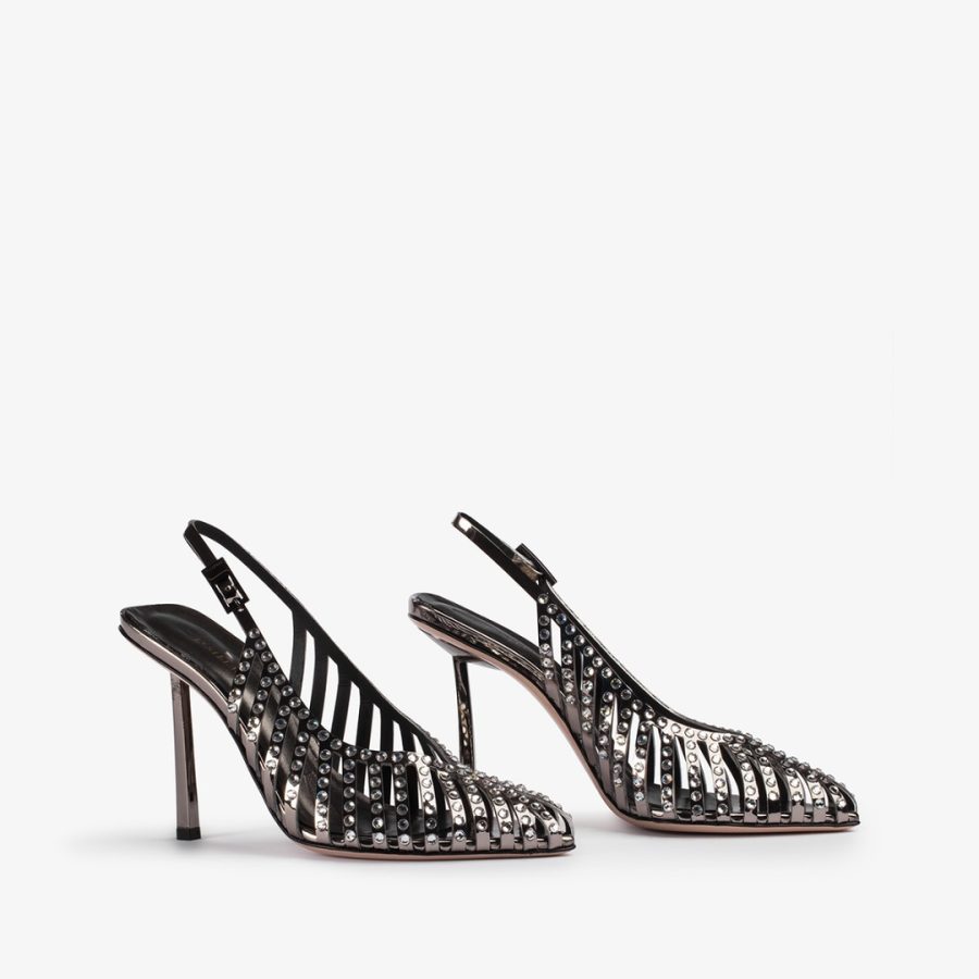 CAGE SLINGBACK 100 mm-Pewter metallic slingback with straps and Crystals - Image 2