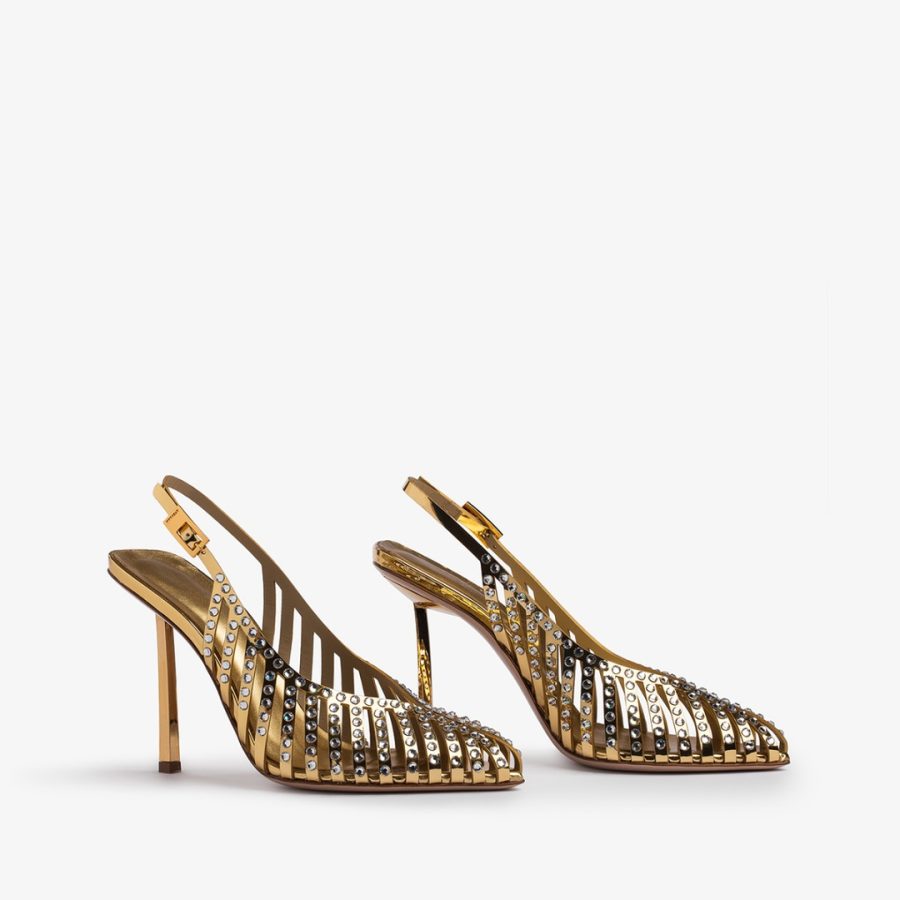 CAGE SLINGBACK 100 mm-Nugget gold metallic slingback with straps and Crystals - Image 2