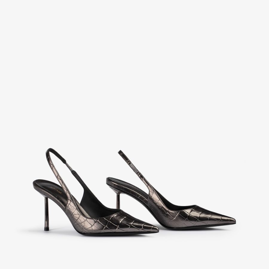 BELLA SLINGBACK 80 mm-Pewter metallic crocodile print slingback - Image 2